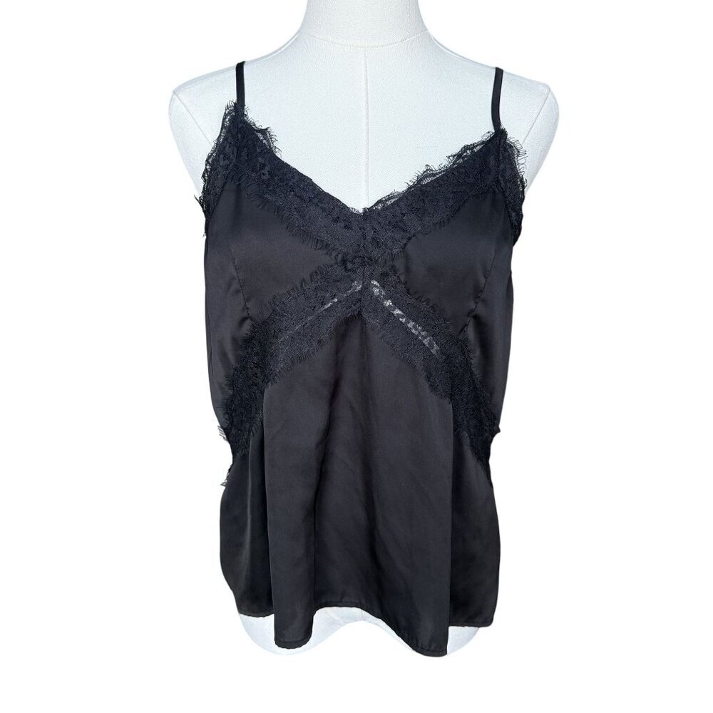 VTG Y2K‎ Eyelash Lace Babydoll Tank Top L Cami Coquette Fairy 90s V-Neck Black